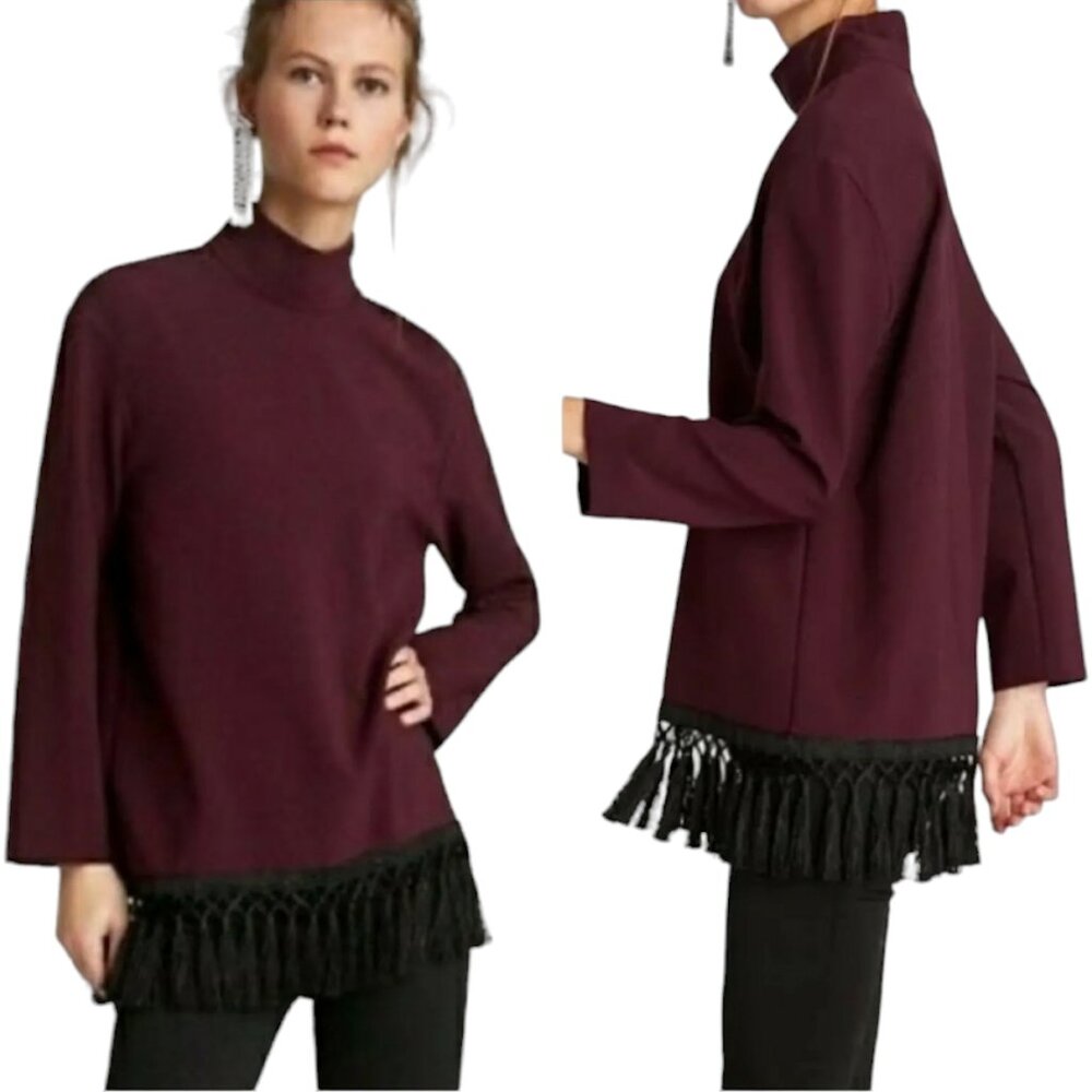 ZARA WOMAN Tunic Top, Maroon Red Black 100% Polyester Long Sleeve Fringe Boho XS